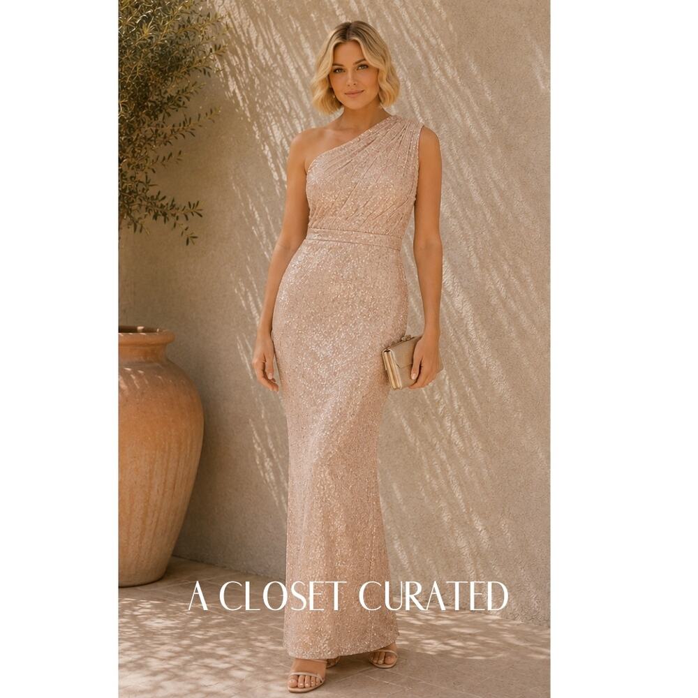 Mac Duggal Sequin Ruched One Shoulder Gown 16 Gold NWT Style 26694